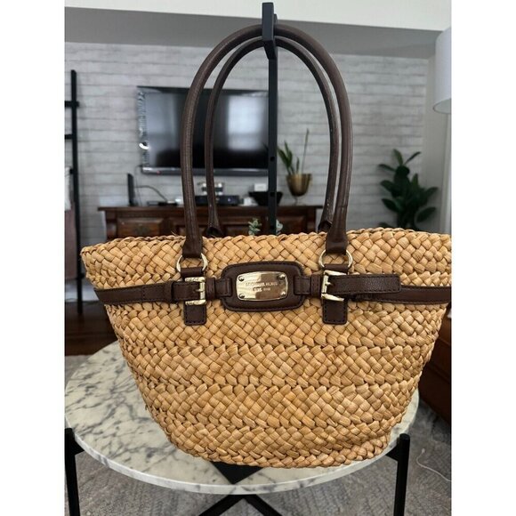 Authentic Michael Kors Woven Straw Naomi Brown Beige Large Tote Womens Handbag - Picture 1 of 4